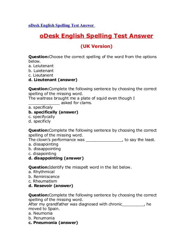 Odesk english skill test Answer 2014