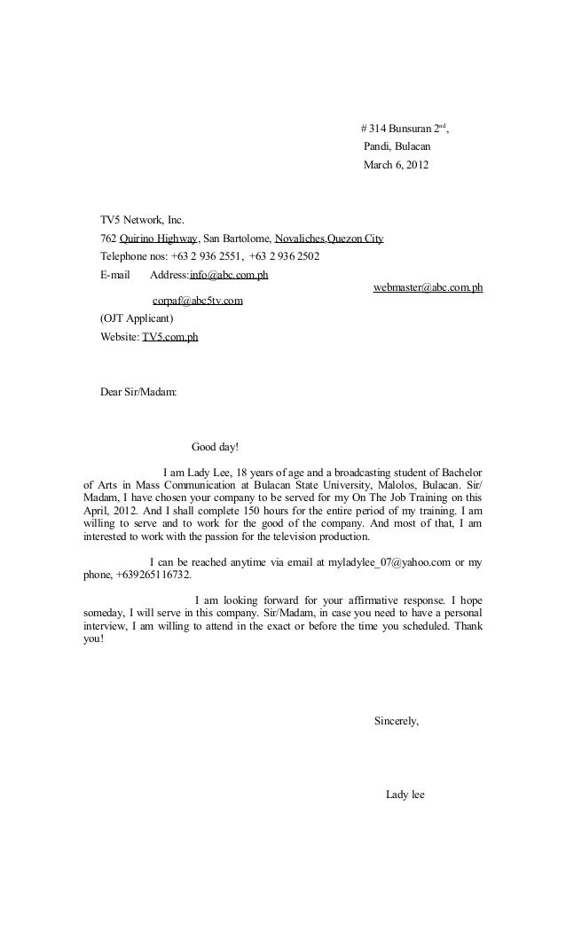 OJT Application Letter OJT Application Letter
