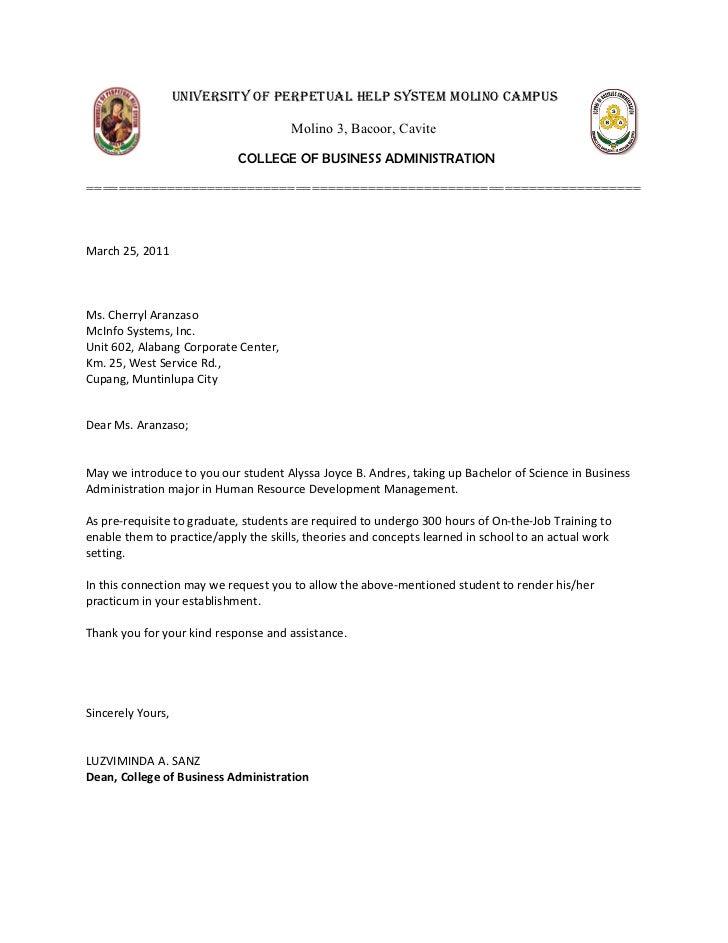 Acceptance Letter Sample Ojt Ojt endorsement letter. UNIVERSITY OF PERPETUAL HELP SYSTEM MOLINO CAMPUS ...