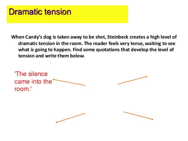 how does steinbeck create tension in At the moment i am studying of mice and men i have to write a mini essay (due in for tomorrow but was given today) in which i have to say how does steinbeck create tension when candy's dog. how does steinbeck create tension in At the moment i am studying of mice and men i have to write a mini essay (due in for tomorrow but was given today) in which i have to say how does steinbeck create tension when candy's dog.