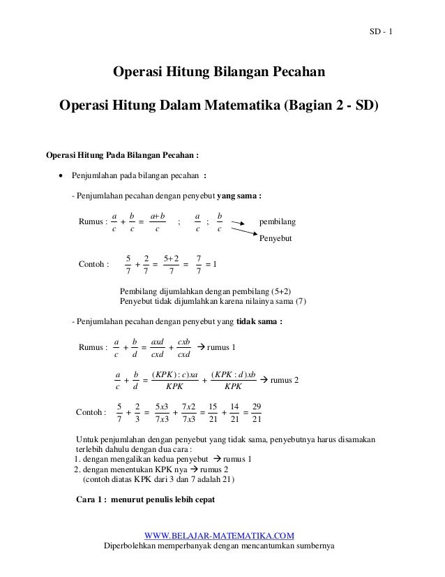 Operasi hitung bilangan pecahan operasi hitung dalam matematika bag2