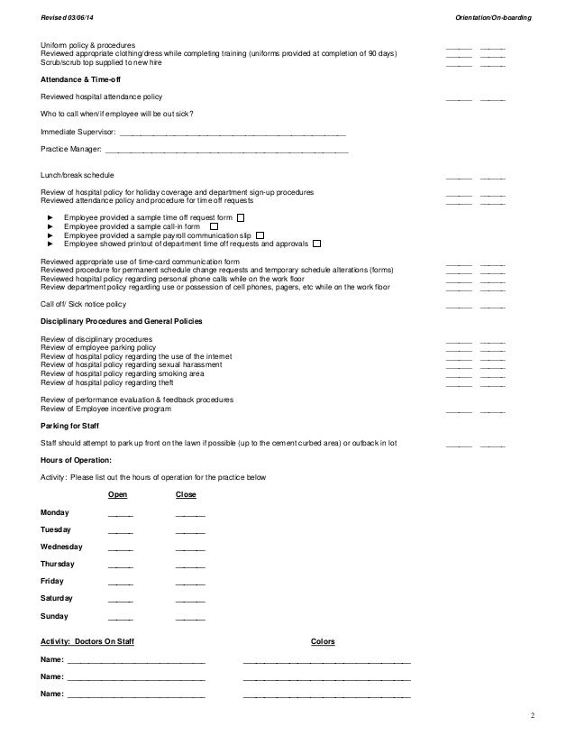 Employee Orientation and On-boarding Outline 2014 (CAH)
