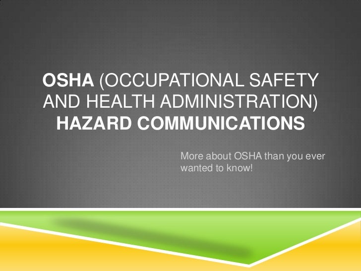 occupational safety and health administrator The occupational safety and health administration ( osha ) is an agency of the united states department of labor congress established the agency under the occupational safety and health act , which president richard m nixon signed into law on december 29, 1970 osha's mission is to assure. occupational safety and health administrator The occupational safety and health administration ( osha ) is an agency of the united states department of labor congress established the agency under the occupational safety and health act , which president richard m nixon signed into law on december 29, 1970 osha's mission is to assure.