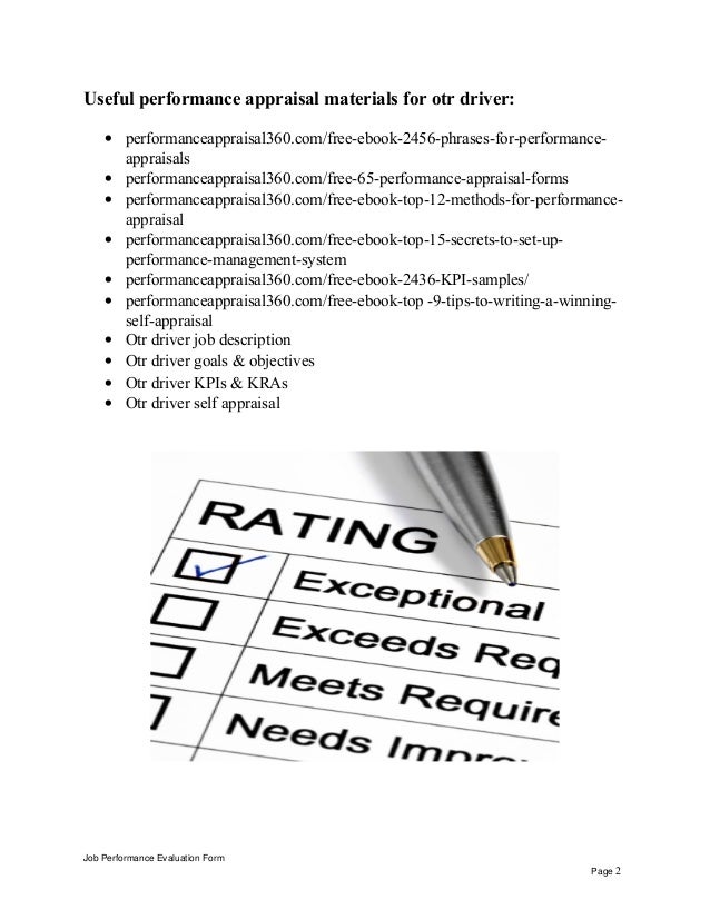 Otr driver performance appraisal Job Performance Evaluation Form Page 1; 2. Otr Driver Job Description Otr Driver Job Description Otr driver performance appraisal Job Performance Evaluation Form Page 1; 2.