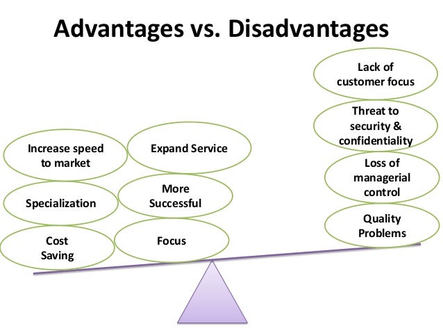 advantages and disadvantages of outsourcing Disadvantages of outsourcing: main disadvantages of outsourcing are loss of managerial control over outsourced operations, threat to security and confidentiality, quality problems, hidden costs and reallocation of existing teams. advantages and disadvantages of outsourcing Disadvantages of outsourcing: main disadvantages of outsourcing are loss of managerial control over outsourced operations, threat to security and confidentiality, quality problems, hidden costs and reallocation of existing teams.