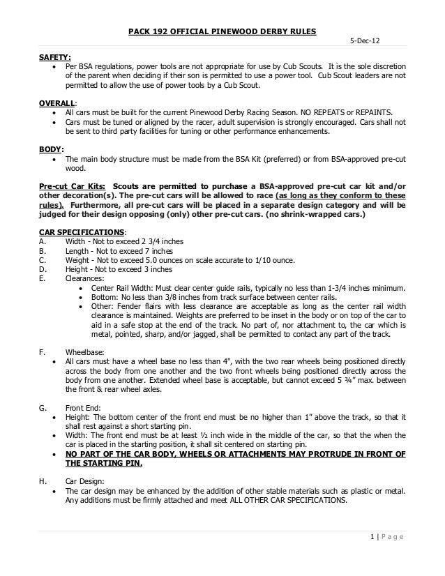 Pack 192 pinewood Derby Rules pack-192-pinewood-derby-rules