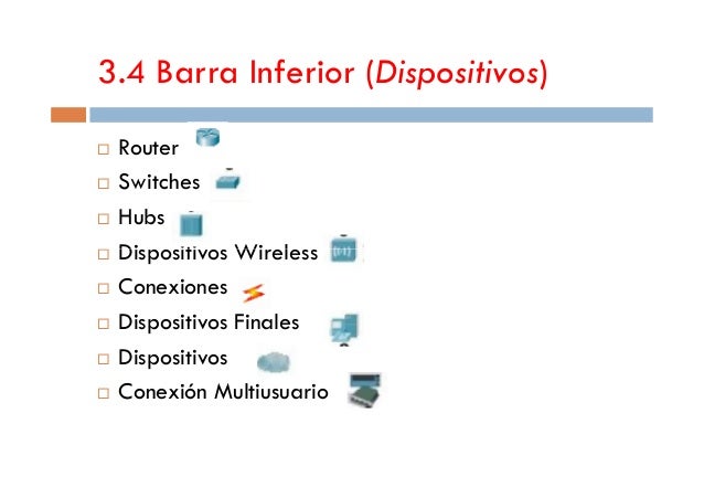3.4 Barra Inferior (Dispositivos)
Router
Switches
Hubs
Dispositivos WirelessDispositivos Wireless
Conexiones
Dispositivos ...