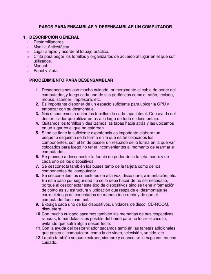 Pasos para ensamblar y desensamblar un computador