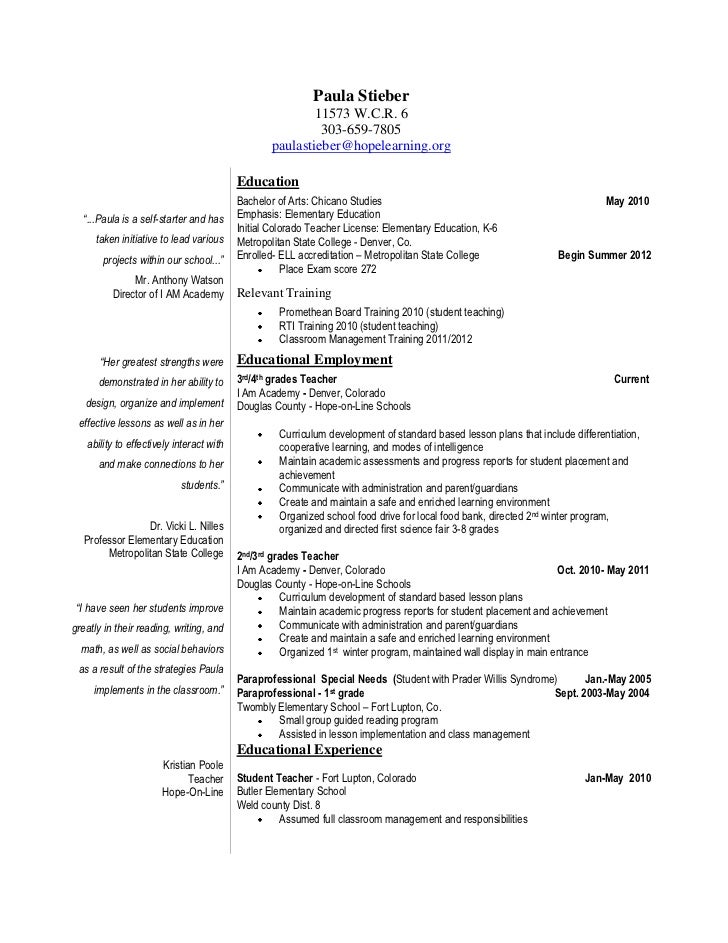 Resume for paraprofessionals in special education
