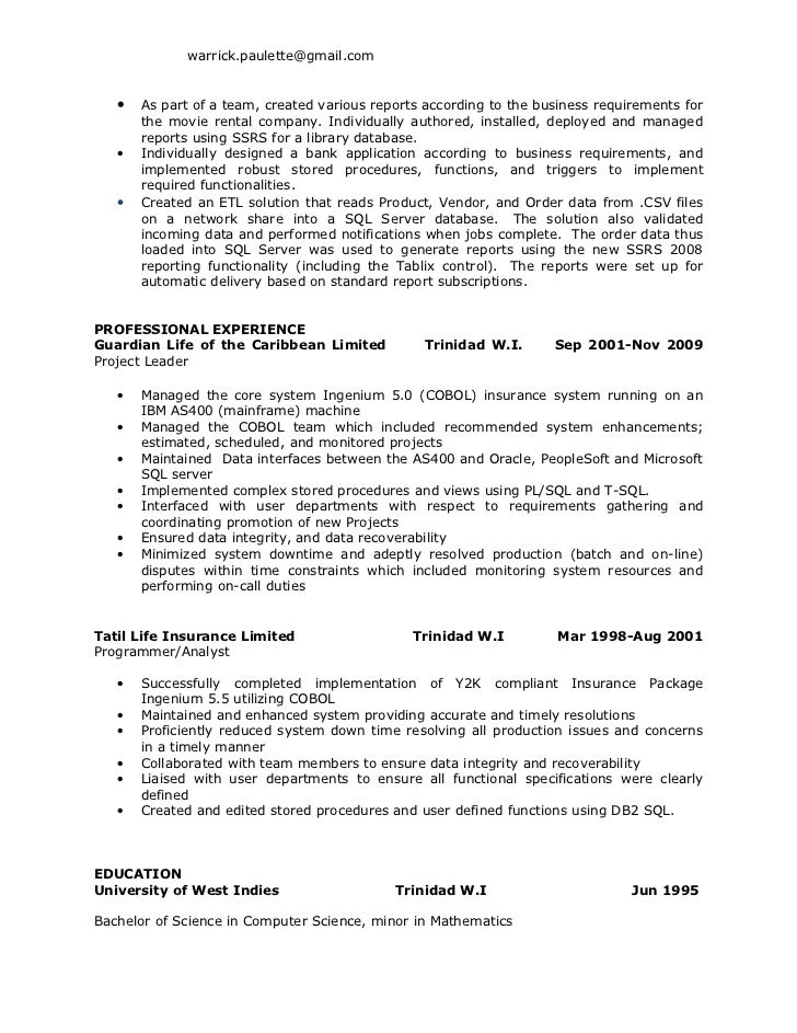 oracle developer sample resumes