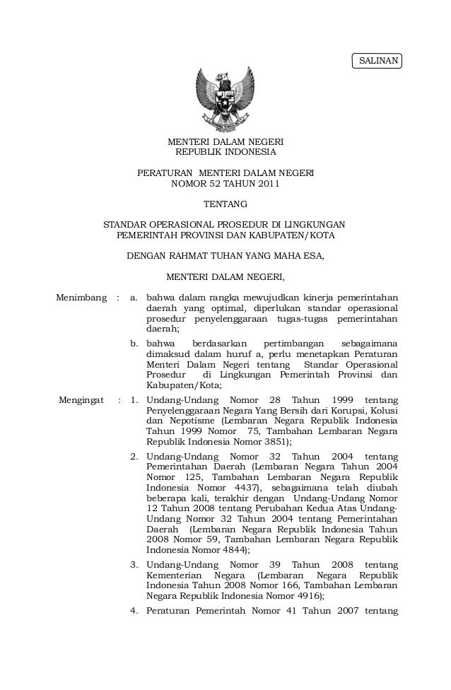 Permendagri no.52 thn 2011 ttg standar operasional prosedur di