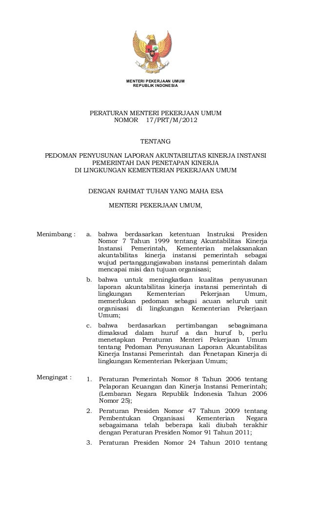Laporan Akuntabilitas Kinerja Instansi Pemerintah Caroldoey | permen pu nomor 17 tahun 2012 tentang pedoman penyusunan Laporan Akuntabilitas Kinerja Instansi Pemerintah Caroldoey | permen pu nomor 17 tahun 2012 tentang pedoman penyusunan