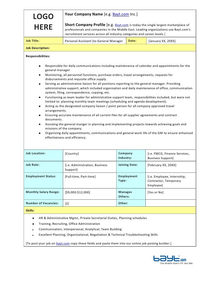 Personal Assistant Duties LOGO HEREYour Company Name [e.g. Bayt.com Inc.]Short Company Profile [ Personal Assistant Job Description ...