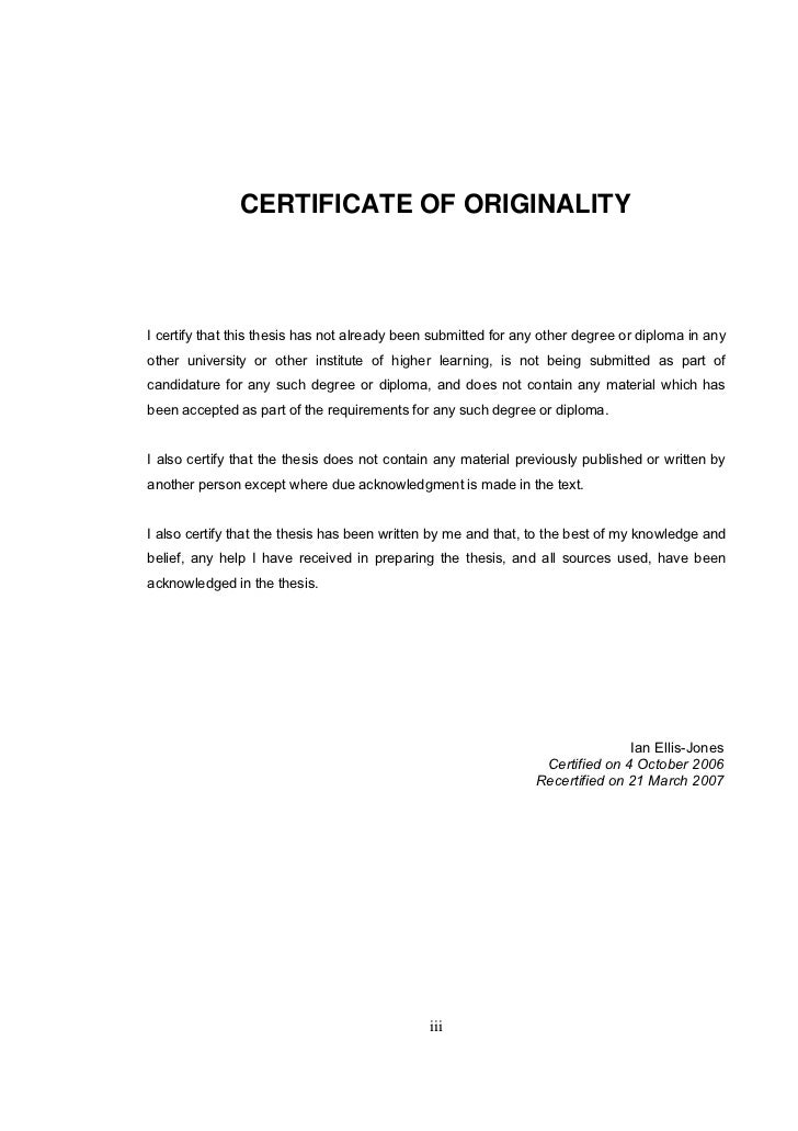 Certification of originality in thesis