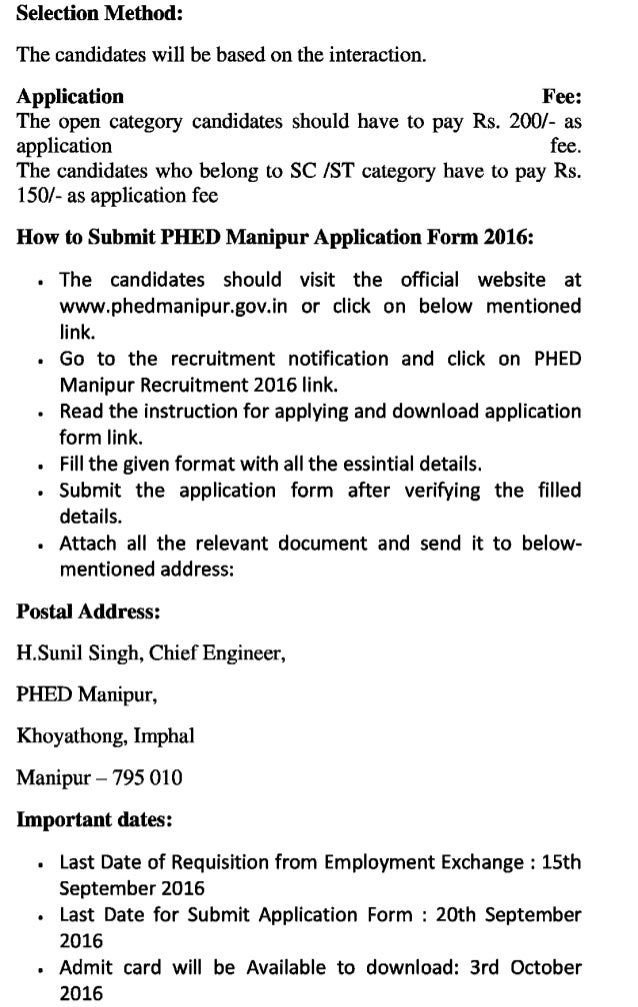Phed manipur govt job recruitment 2016 latest assistant engine operator and technical jugali posts