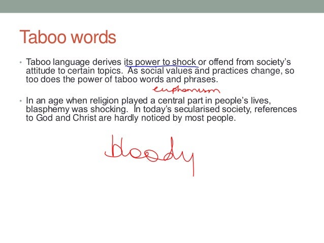 taboo language essay Taboo definition, proscribed by society as improper or unacceptable: taboo language is usually bleeped on tv see more. taboo language essay Taboo definition, proscribed by society as improper or unacceptable: taboo language is usually bleeped on tv see more.