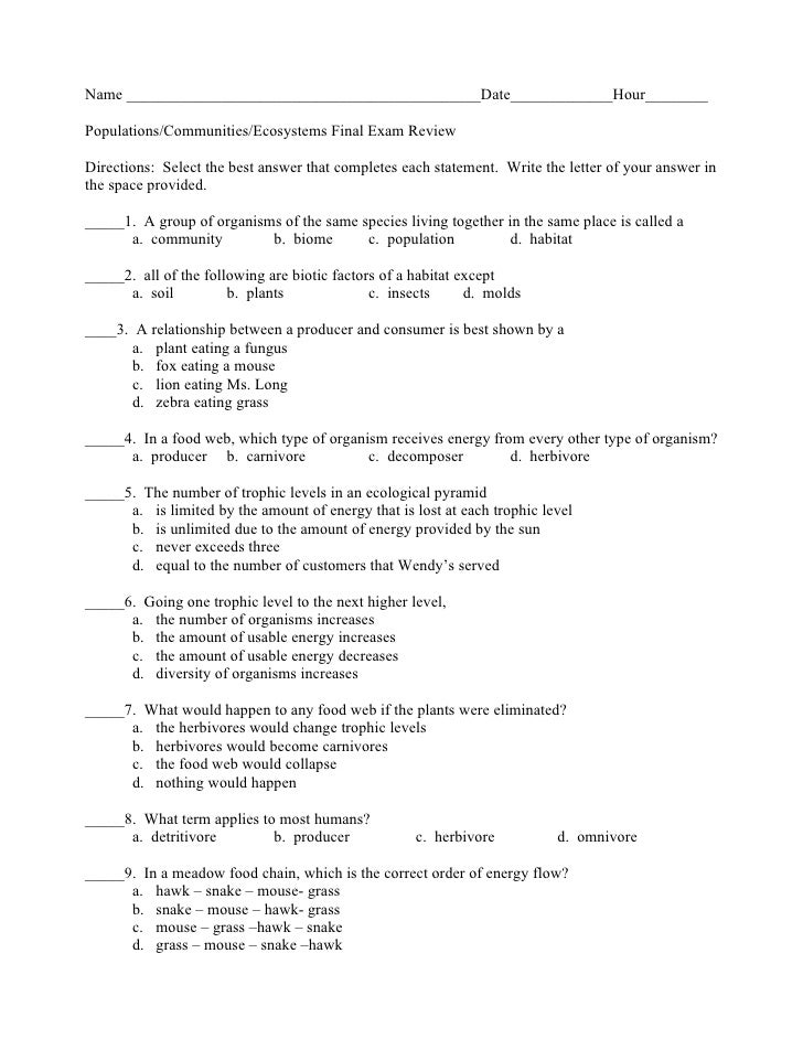 Populations Communities Ecosystems Final Exam Review