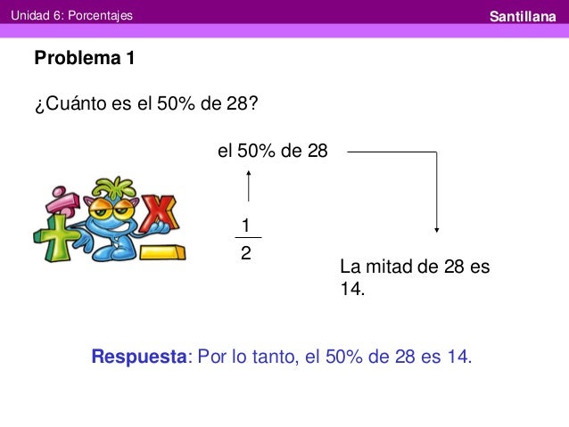 Unidad 6: Porcentajes Santillana Problema 1 ¿Cuánto es el 50% de 28? ...