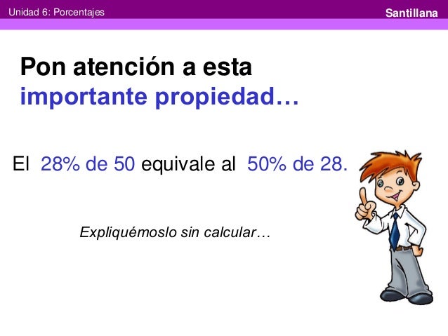 Unidad 6: Porcentajes Santillana Pon atención a esta importante propiedad…El 28% de 50 equivale a...