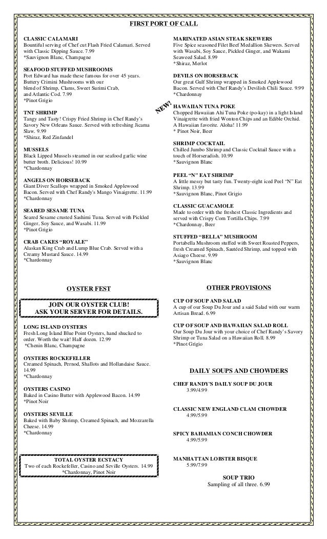 Port Edward Restaurant Lunch Menu