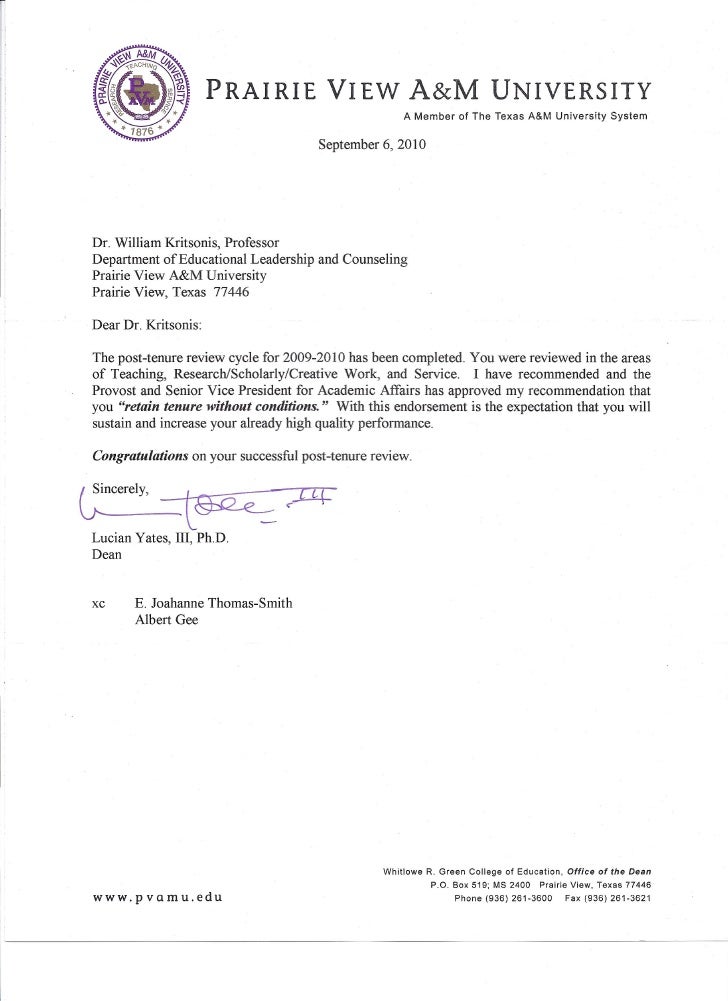 Post tenure review letter