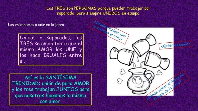 Los TRES son PERSONAS porque pueden trabajar por
separado, pero siempre UNIDOS en equipo.
Los volveremos a unir en la jarr...