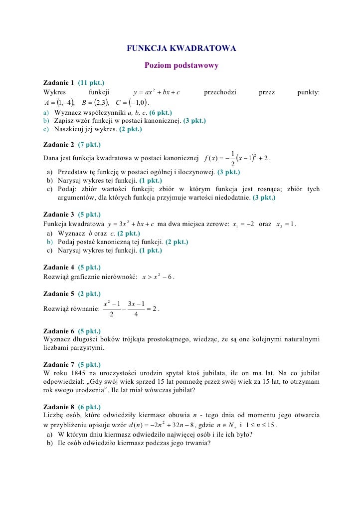Sprawdzian Z Funkcji Kwadratowej Grupa B