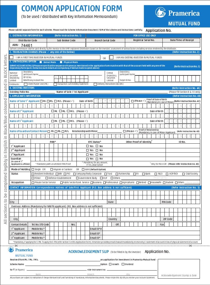 Pramerica mutual fund common application form with kim