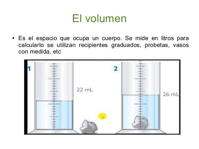 El volumen
●
Es el espacio que ocupa un cuerpo. Se mide en litros para
calcularlo se utilizan recipientes graduados, prob...