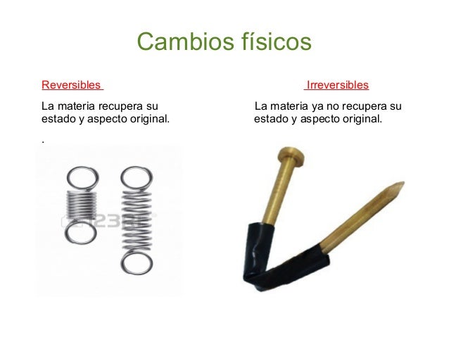 Cambios físicos
Reversibles
La materia recupera su
estado y aspecto original.
.
Irreversibles
La materia ya no recupera s...