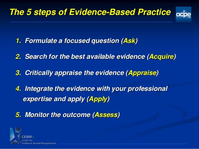 evidence based practice in management of Evidence –based practice is a process through which scientific evidence is identified, appraised, and applied in health care interventions this practice obliges nursing experts to depend on logical research and confirmation more frequently than experience or instinct. evidence based practice in management of Evidence –based practice is a process through which scientific evidence is identified, appraised, and applied in health care interventions this practice obliges nursing experts to depend on logical research and confirmation more frequently than experience or instinct.