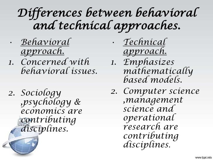 Differences between behavioral and technical approaches.• Behavioral • Technical approach. a...