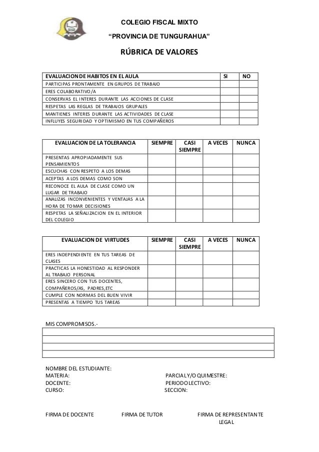 COLEGIO FISCAL MIXTO
“PROVINCIA DE TUNGURAHUA”
FIRMA DE DOCENTE FIRMA DE TUTOR FIRMA DE REPRESENTANTE
LEGAL
RÚBRICA DE VAL...