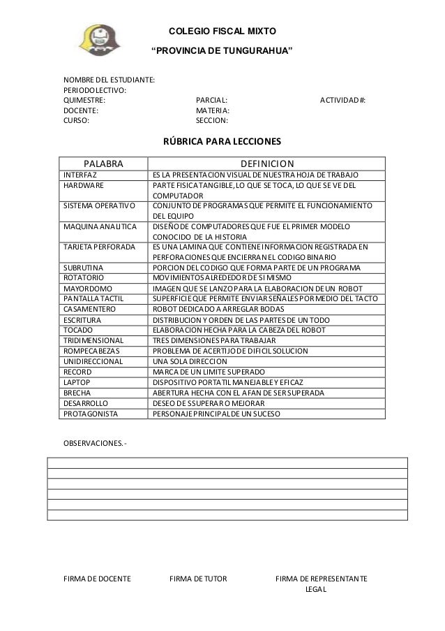 COLEGIO FISCAL MIXTO
“PROVINCIA DE TUNGURAHUA”
FIRMA DE DOCENTE FIRMA DE TUTOR FIRMA DE REPRESENTANTE
LEGAL
NOMBRE DEL EST...