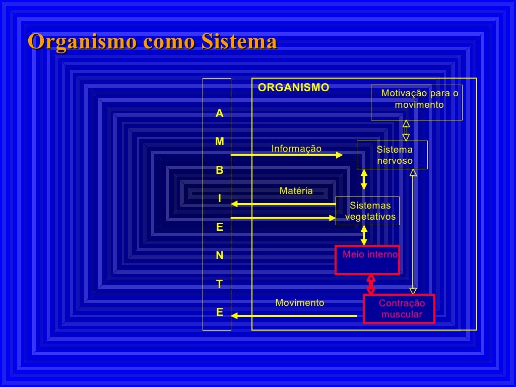 Organismo como Sistema ORGANISMO Motivação para o movimento Sistema nervoso Sistemas vegetativos A M B I E N T E Movimento...