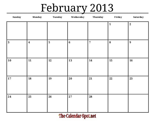printable blank pdf february 2013 calendar sunday saturday calendar