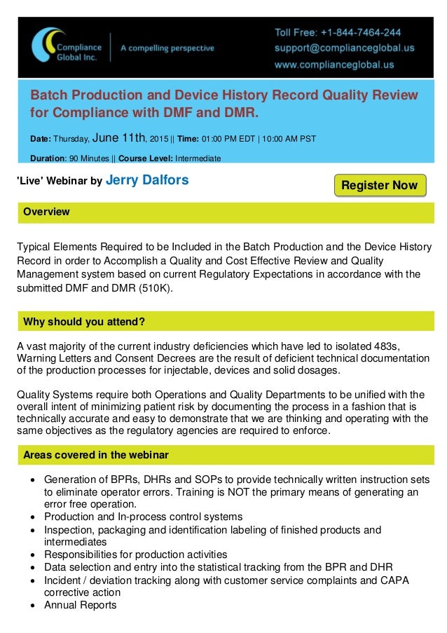 Batch Production and Device History Record Quality Review for Complia…