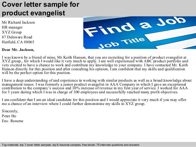 Evangelist Cover Letter Cover letter sample for product evangelist ...