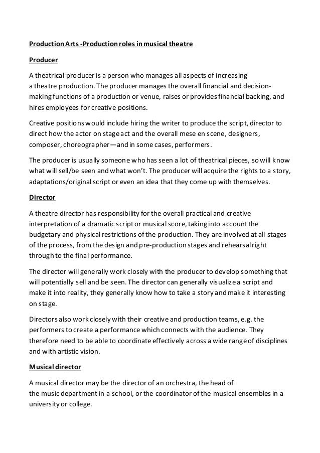 Production arts production roles in musical theatre