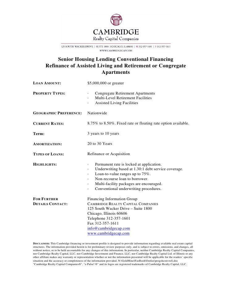 Senior Housing Lending Conventional Financing Refinance of Assisted Lâ€¦