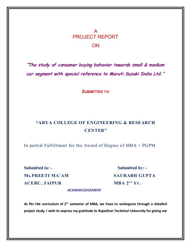 Maruti Suzuki Mba Project Maruti Suzuki Mba Project