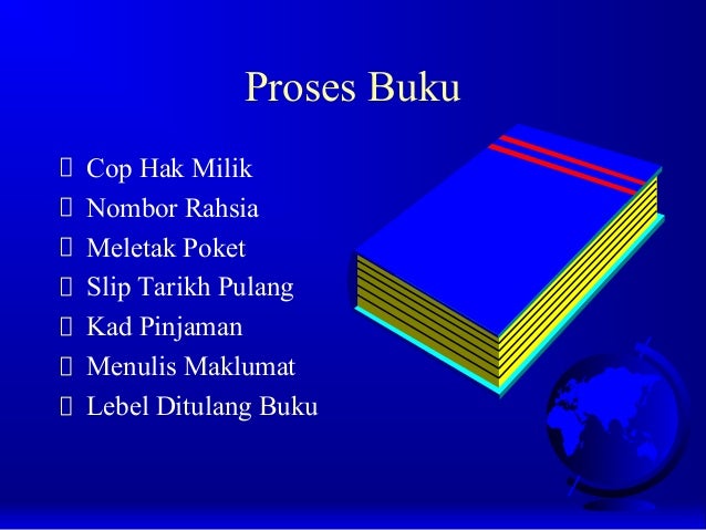 Proses Buku
Cop Hak Milik
Nombor Rahsia
Meletak Poket
Slip Tarikh Pulang
Kad Pinjaman
Menulis Maklumat
Lebel Ditulang Buku