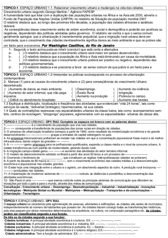 Prova de geografia urbanizaçao, metropole Prova de geografia urbanizaçao, metropole