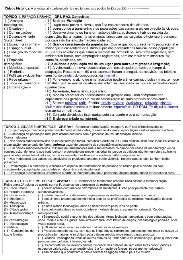 Prova de geografia urbanizaçao, metropole Prova de geografia urbanizaçao, metropole