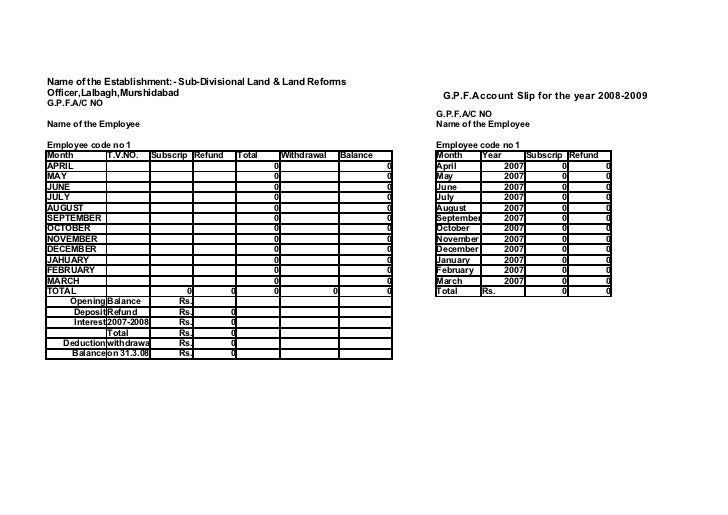 Prymary teacher's gpf account slip for w.b