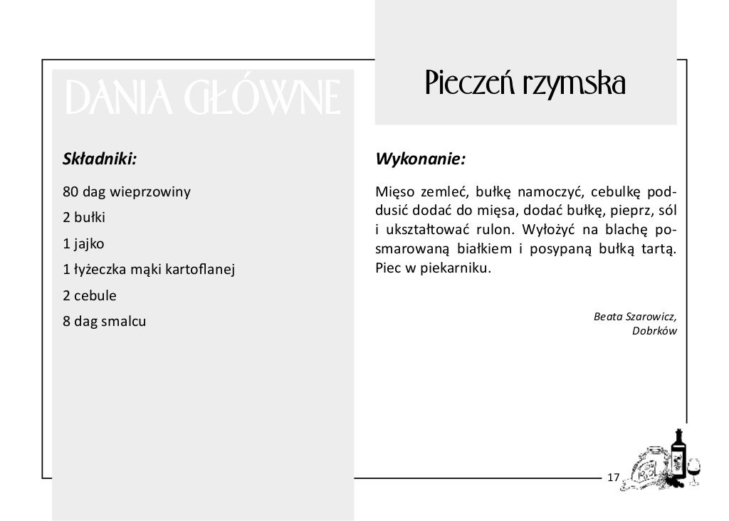 DANIA GŁÓWNE

Pieczeń rzymska

Składniki:

Wykonanie:

80 dag wieprzowiny

Mięso zemleć, bułkę namoczyć, cebulkę poddusić ...