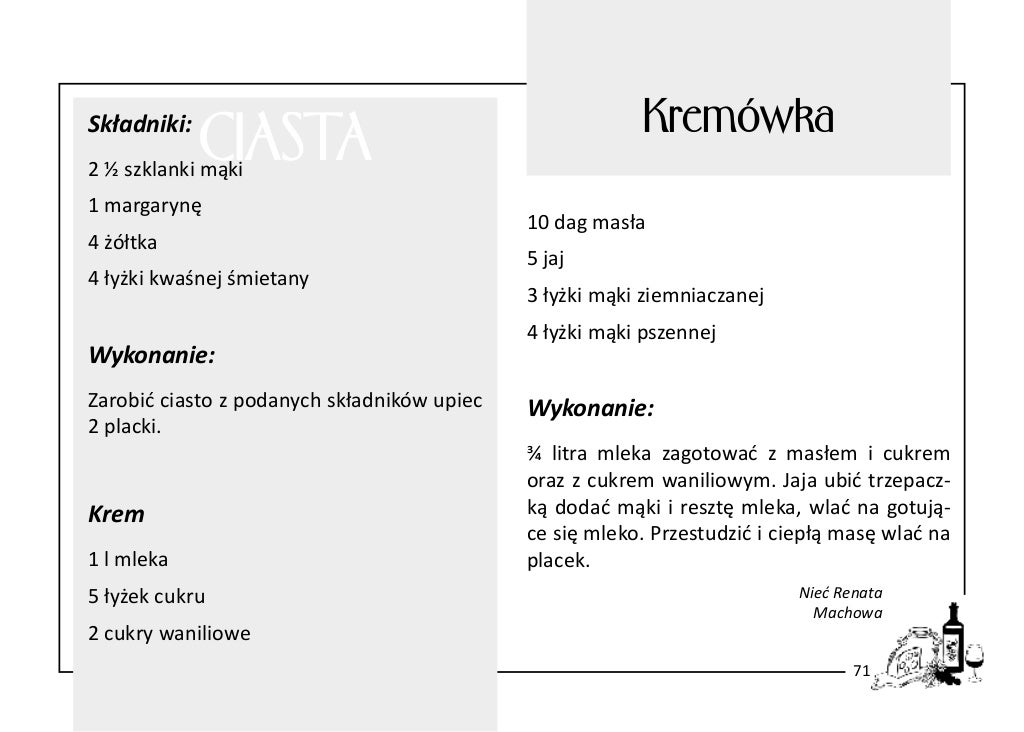 Składniki:

Kremówka

CIASTA

2 ½ szklanki mąki
1 margarynę
4 żółtka

4 łyżki kwaśnej śmietany

Wykonanie:
Zarobić ciasto ...