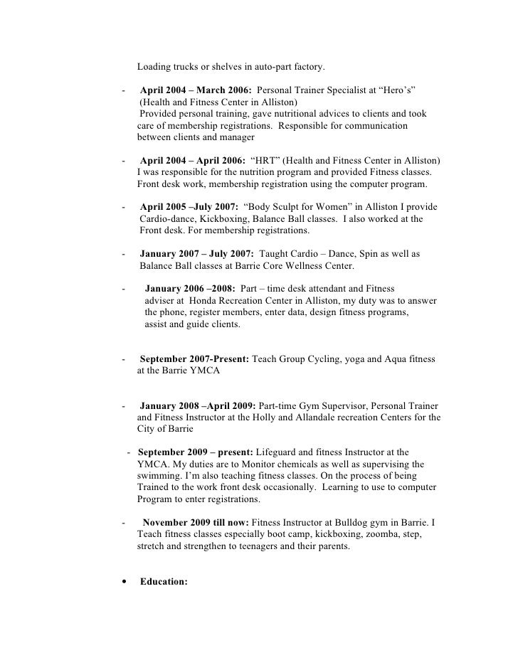 zumba instructor resume