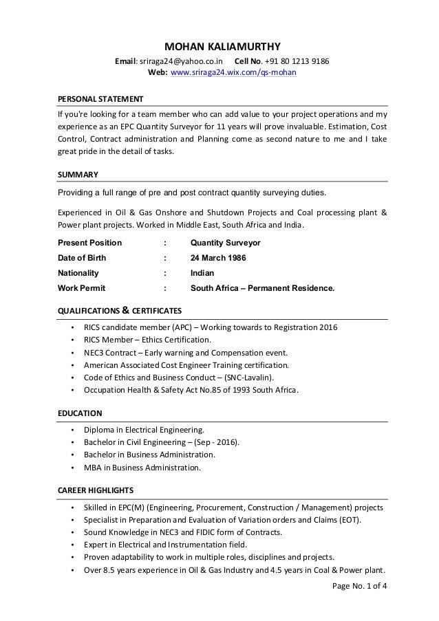 quantity surveyor cv quantity surveyor cv