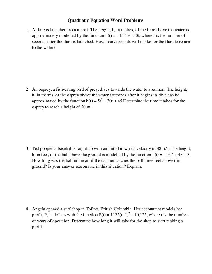Quadratic Word Problems Worksheet With Answers